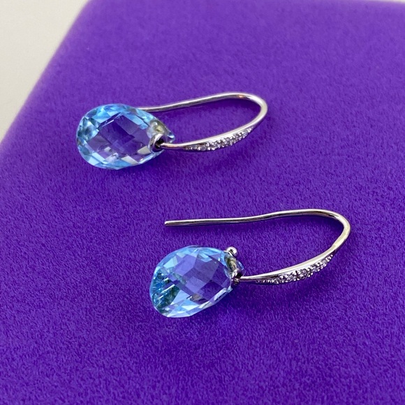 💛 14k White Gold Diamond & Blue Topaz Teardrop Dangle Earrings | Frost & Facets - Picture 5 of 10